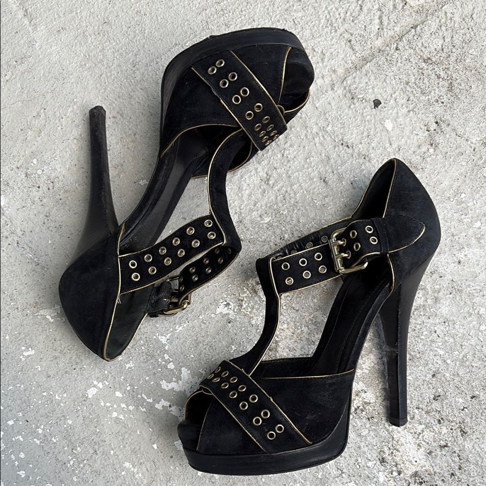 Fendi T strap suede platforms with gold grommets